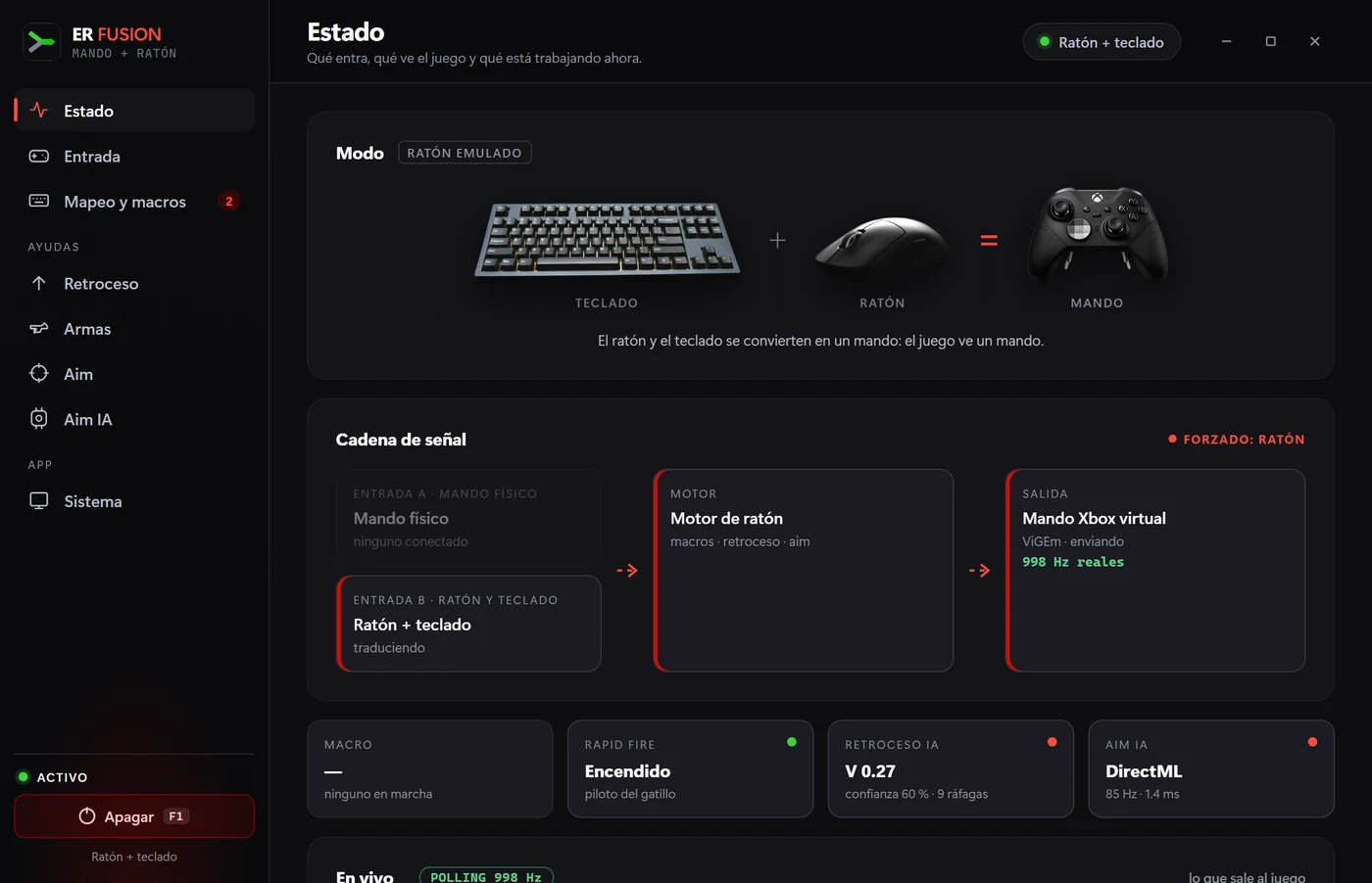Pantalla Estado de ER Fusion: teclado más ratón igual a mando, cadena de señal y polling real